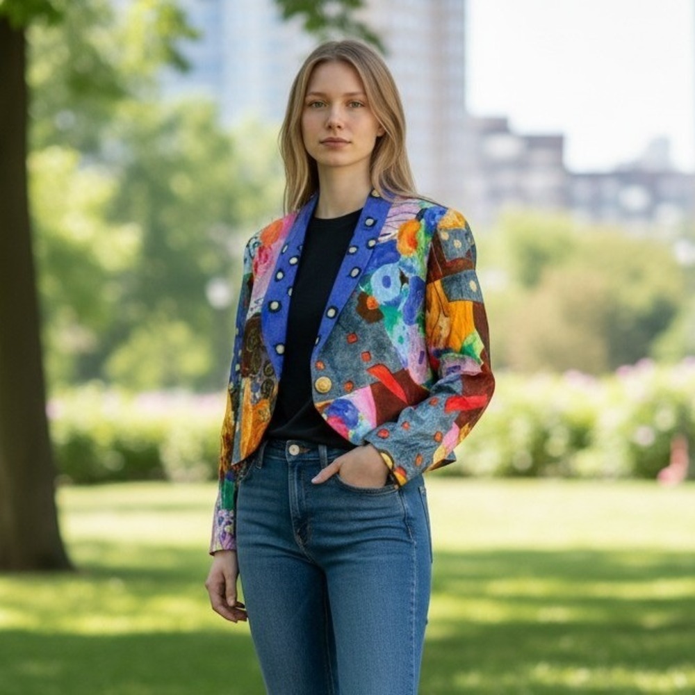 Vtg Carole Little Cropped Blazer Size 2 Multicolor Abstract Art to Wear 90s Boho